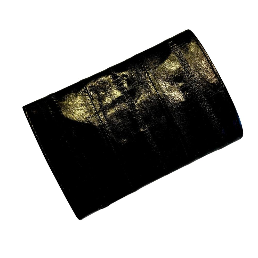 Vintage black eel skin buttery soft leather wallet billfold trifold style 80s